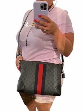 Gucci Black GG Supreme Crossbody with Red and Navy Center Stripe